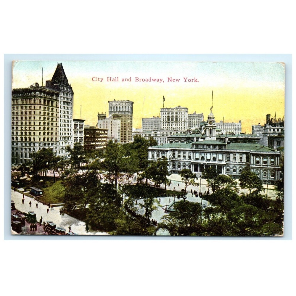 Vintage Postcard City Hall and Broadway New York City NYC Posted Stamped‎ 1912